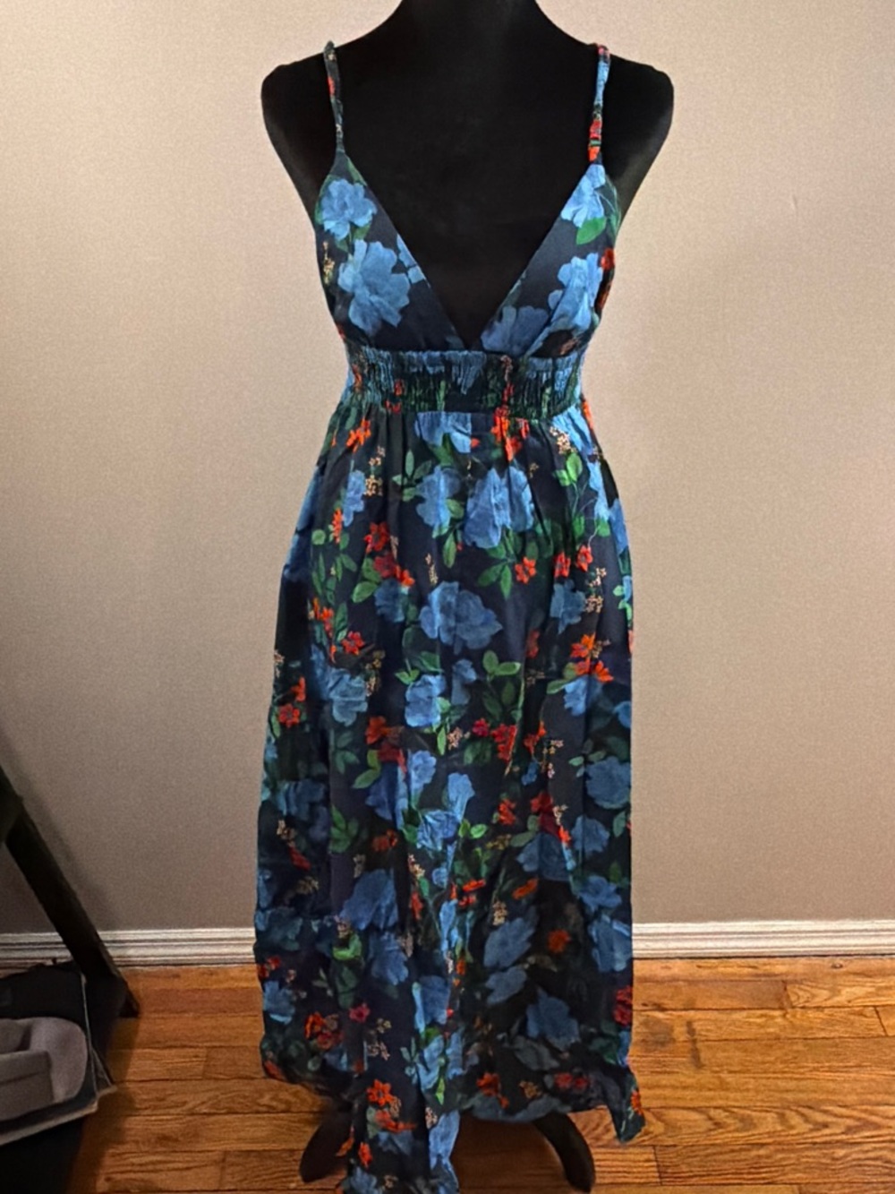 J. Crew Navy Maxi Dress with Blue Floral Print and Red Accents